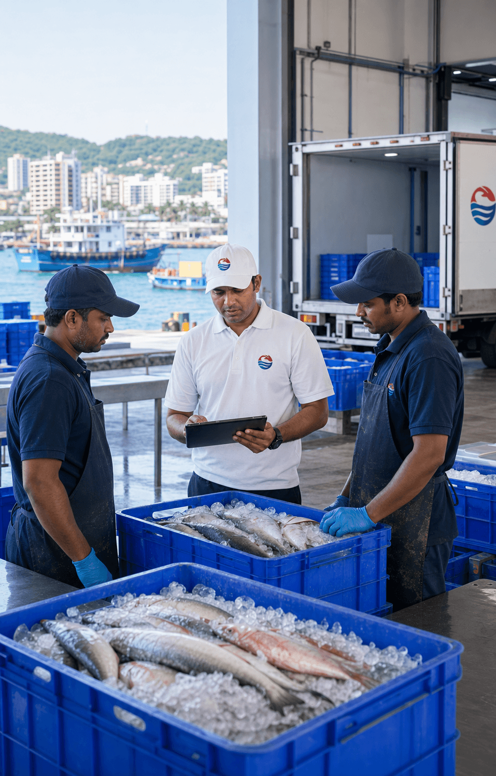 OceanBay team reviewing seafood crates in a commercial dispatch environment