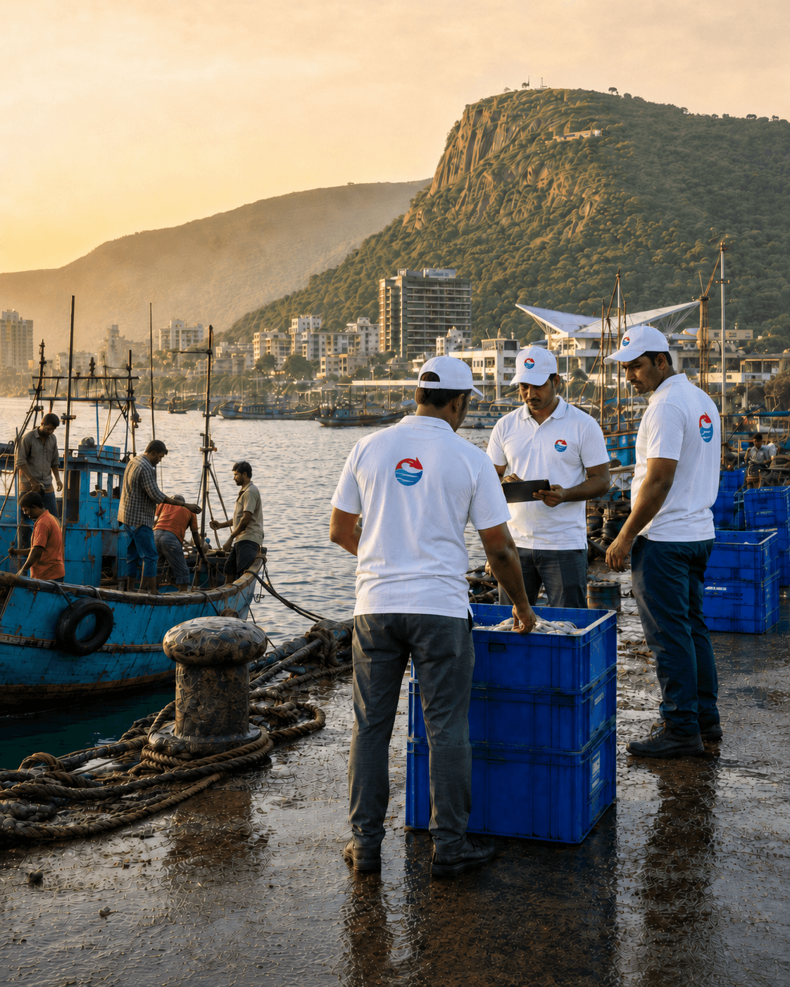 OceanBay team at the Visakhapatnam dock inspecting fresh seafood supply