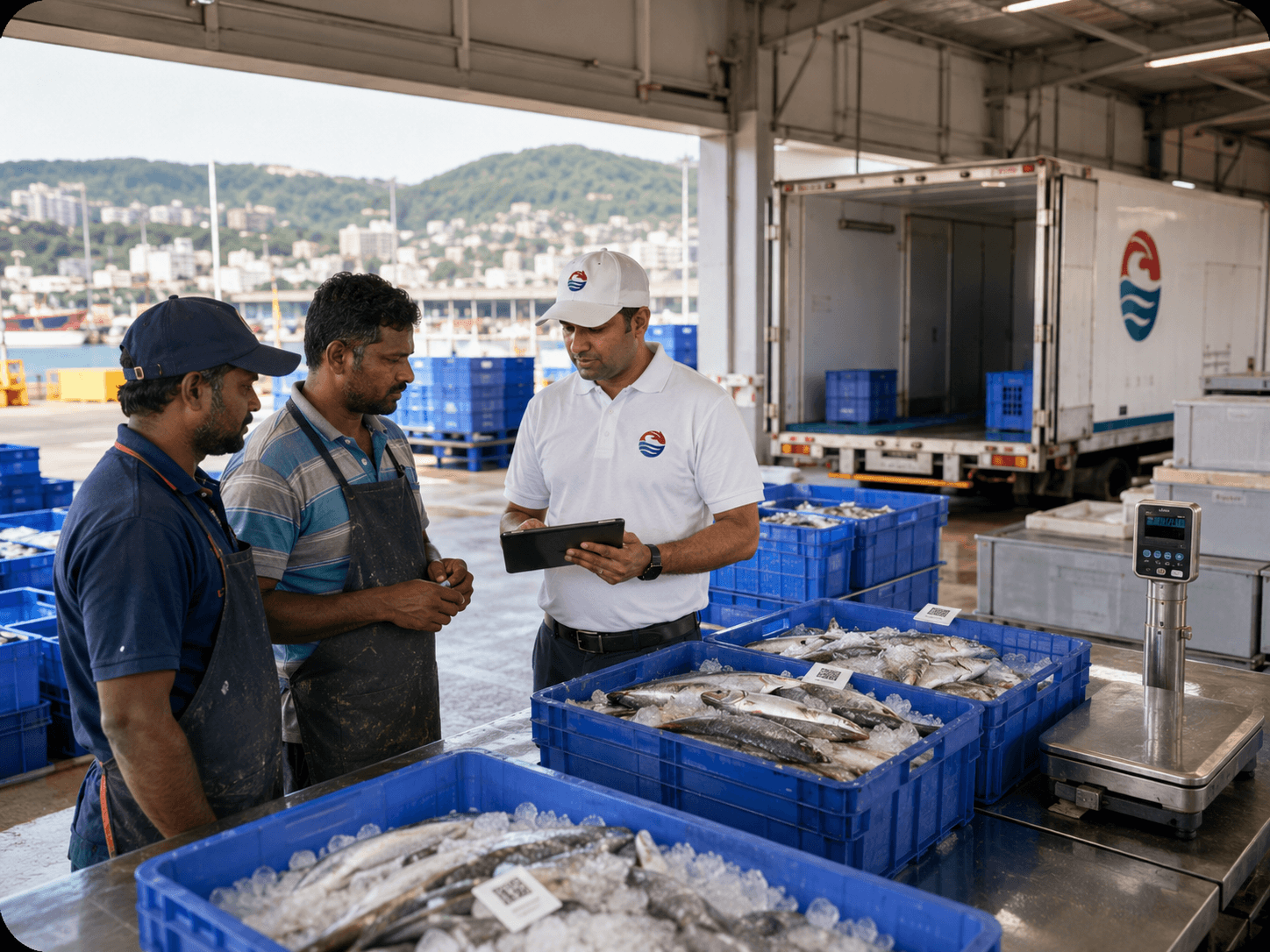 OceanBay supervisor inspecting seafood crates in a cold-chain handling facility